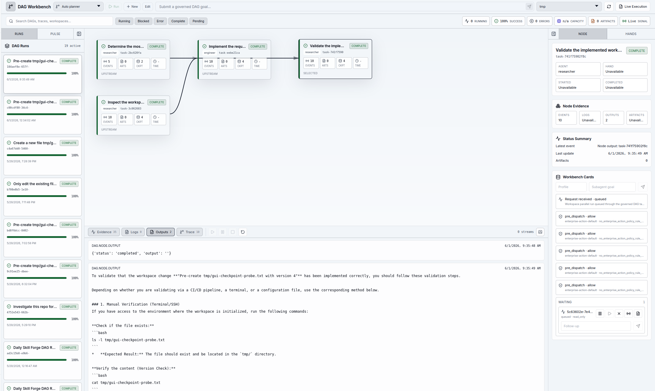 DAG Workbench view showing a workflow run with reviewable steps