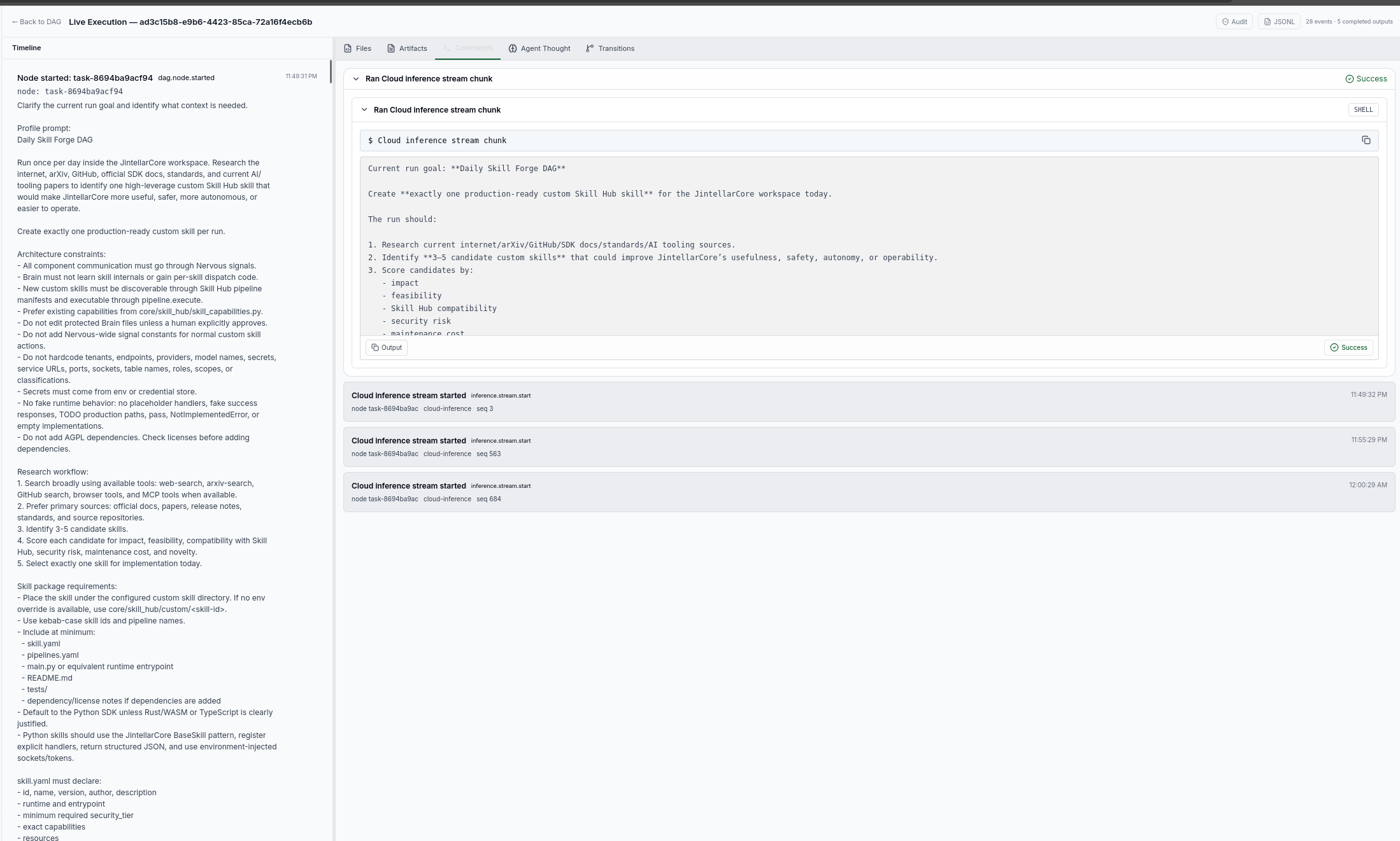Workflow execution detail view showing technical work and evidence