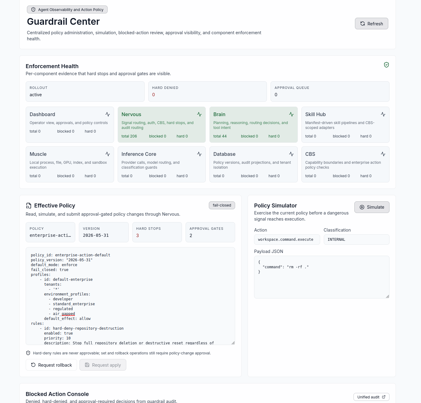 Runtime control screen showing a policy decision before an AI action continues